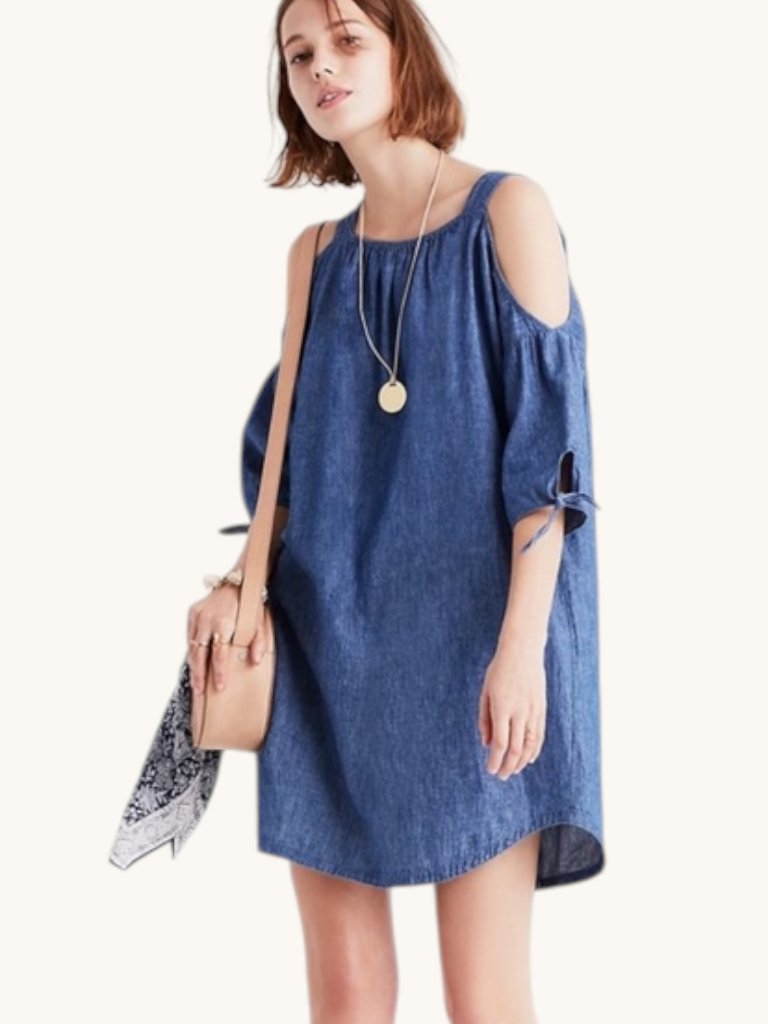 Madewell Chambray Linen Denim Blue Cold-Shoulder Dress 3/4 Sleeve